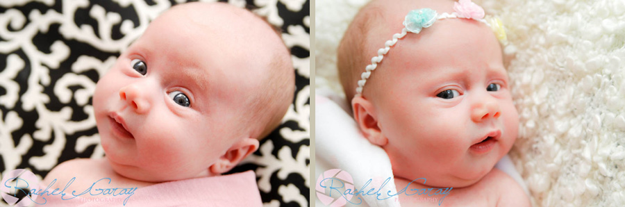 Two photos of one month old B, posing for her studio portraits!