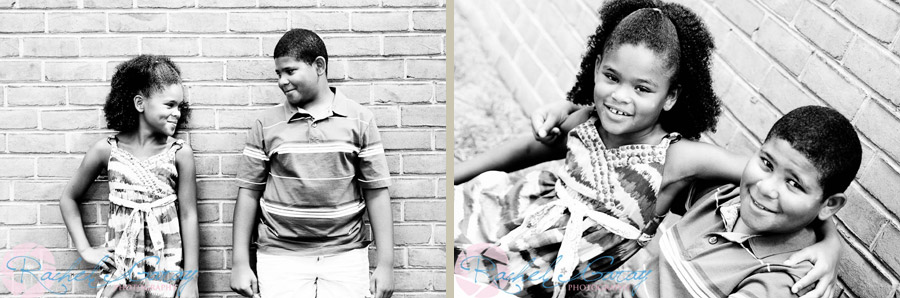 Brother and sister posing against a wall in these child portraits.